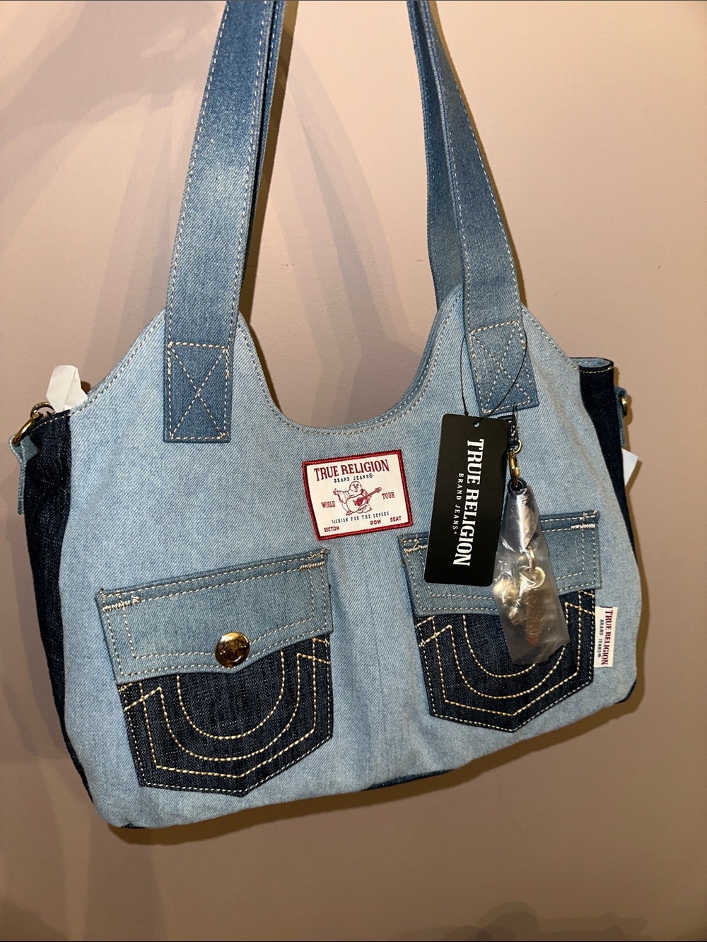 True Religion Light Blue and Dark Blue Denim Shoulder Bag